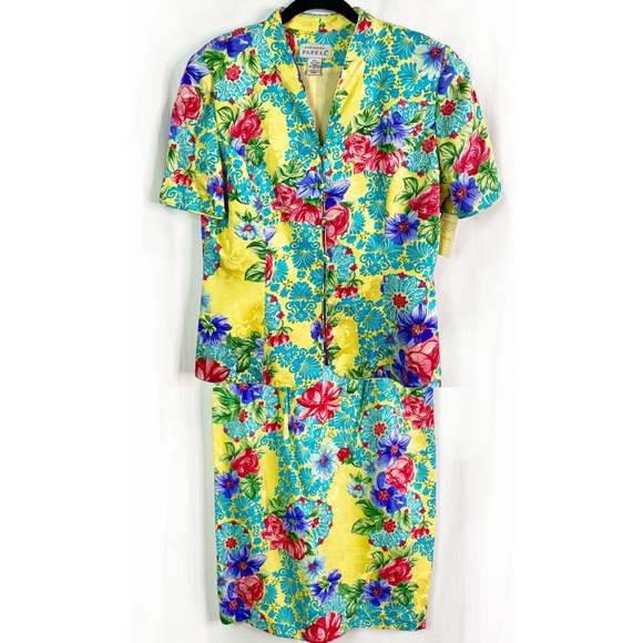Adrianna Papell Dresses & Skirts - Vintage Adrianna Papell Yellow Floral Silk Suit 12